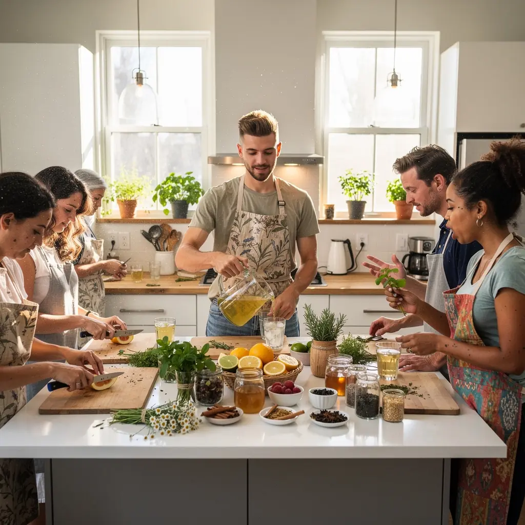 Zöld tea levél és citromfű ága egy szalvétán.